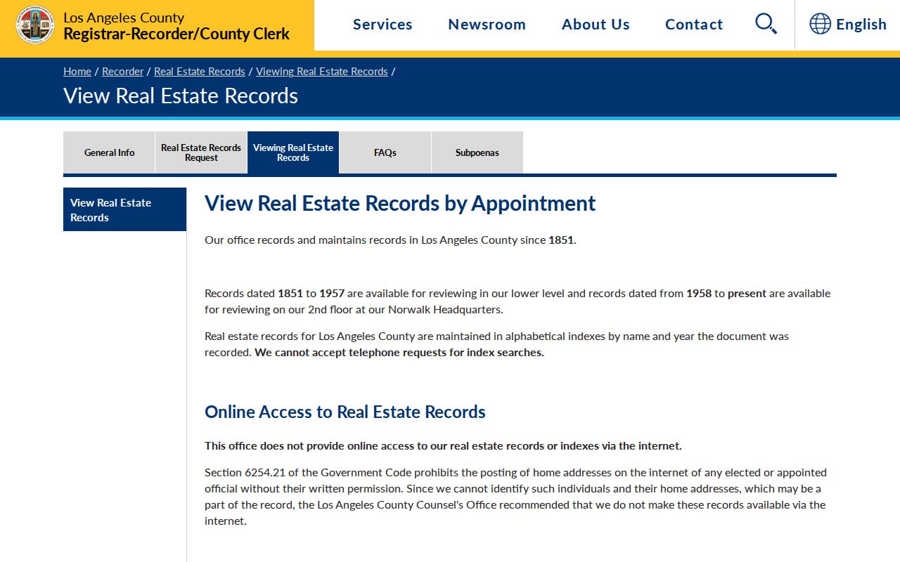 Diamond Bar residents directory Los Angeles County recorder access notice