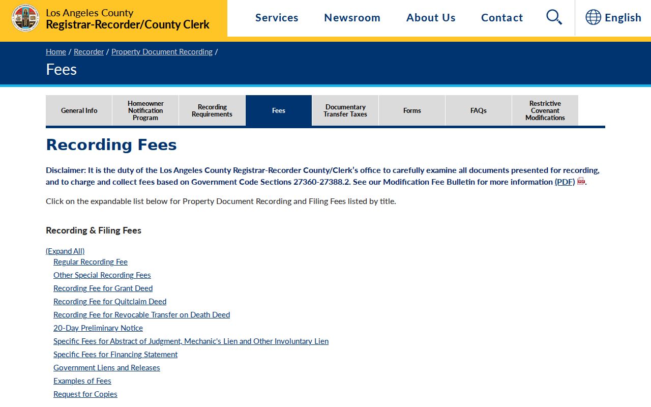 Diamond Bar street directory recorder copy and recording fees