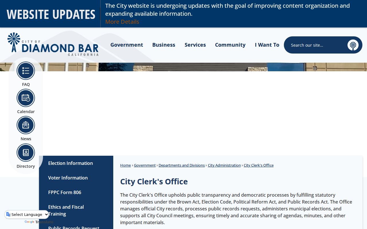 Diamond Bar ZIP code directory city clerk jurisdiction records
