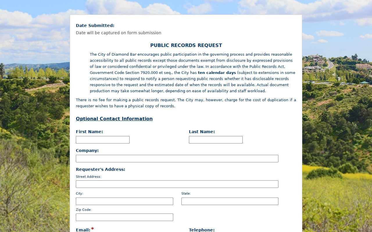 Diamond Bar ZIP code directory city records request form